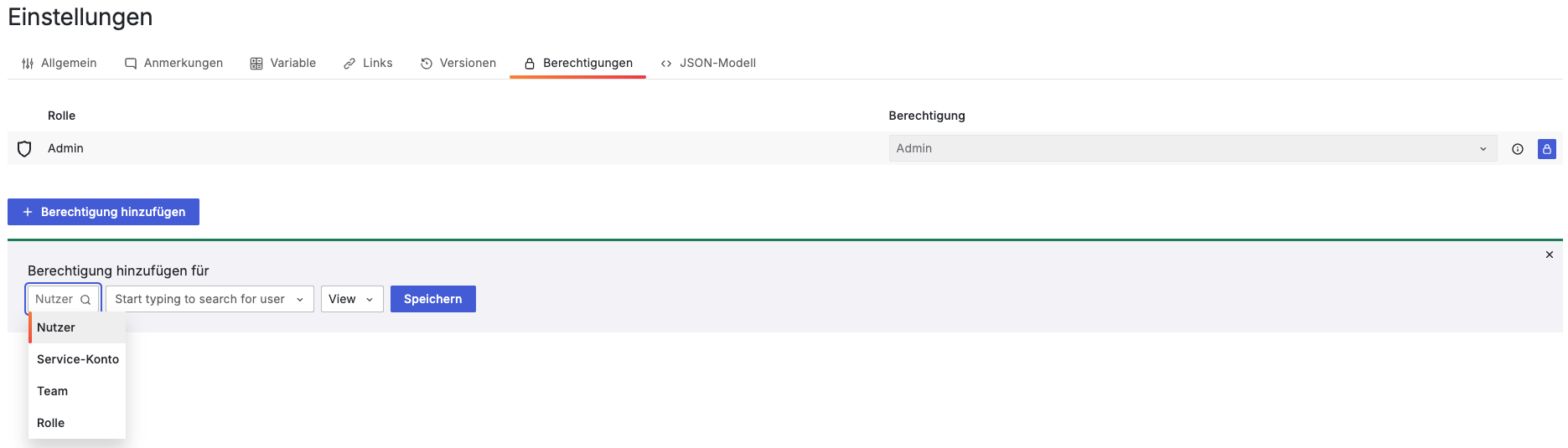 Berechtigung hinzufügen in Grafana