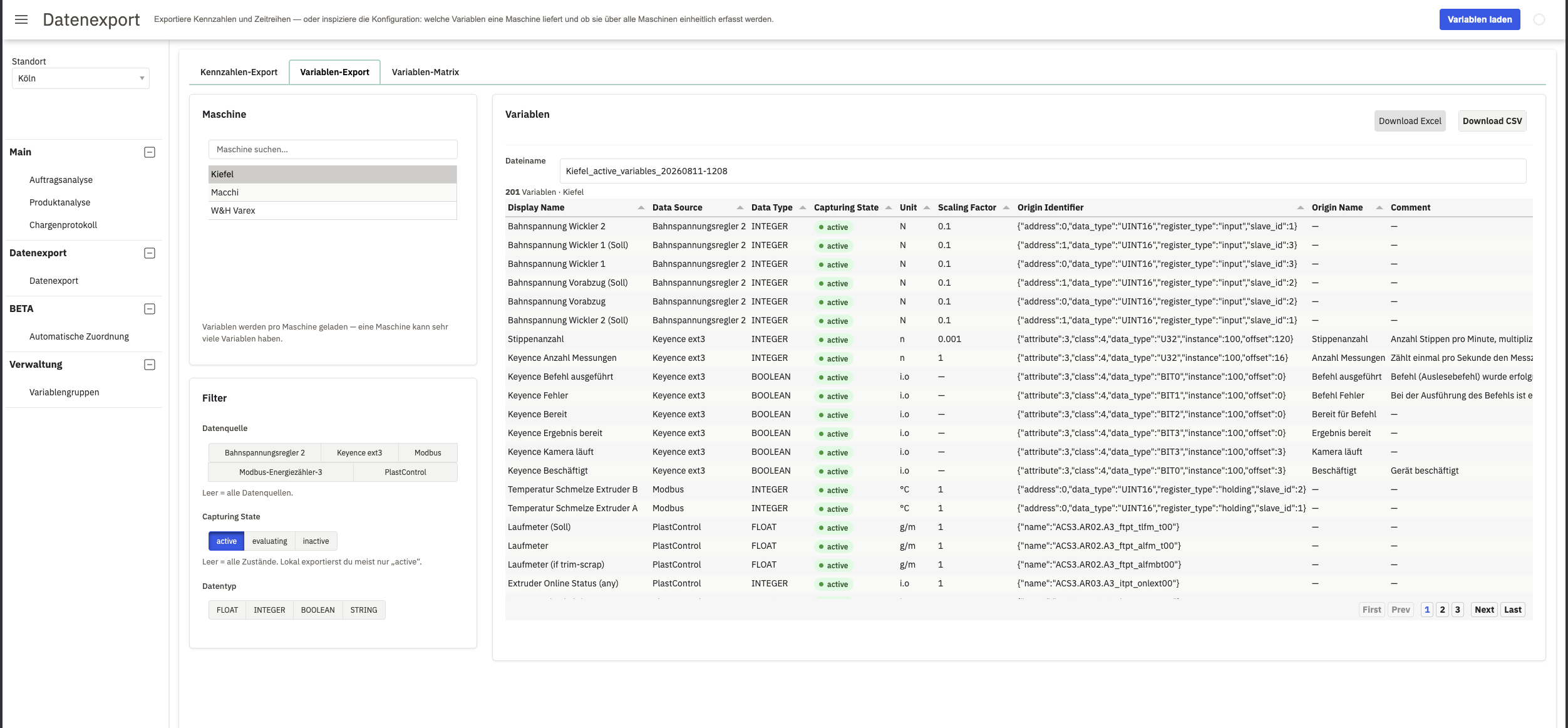 Tab Variablen-Export mit Maschinenauswahl, Filtern und geladener Variablentabelle