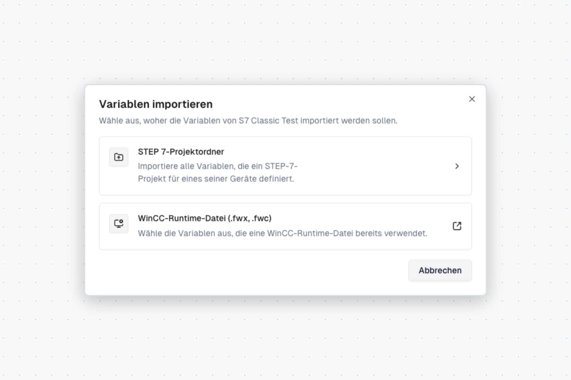 Dialog Variablen importieren mit den Optionen STEP 7-Projektordner und WinCC-Runtime-Datei (.fwx, .fwc)