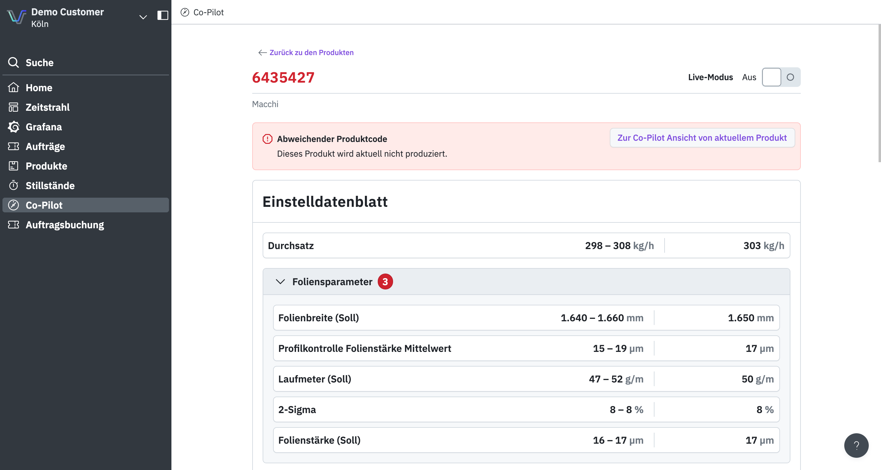 Statische Ansicht des Co-Pilot mit den Vorgabewerten und Toleranzen aus dem Einstelldatenblatt