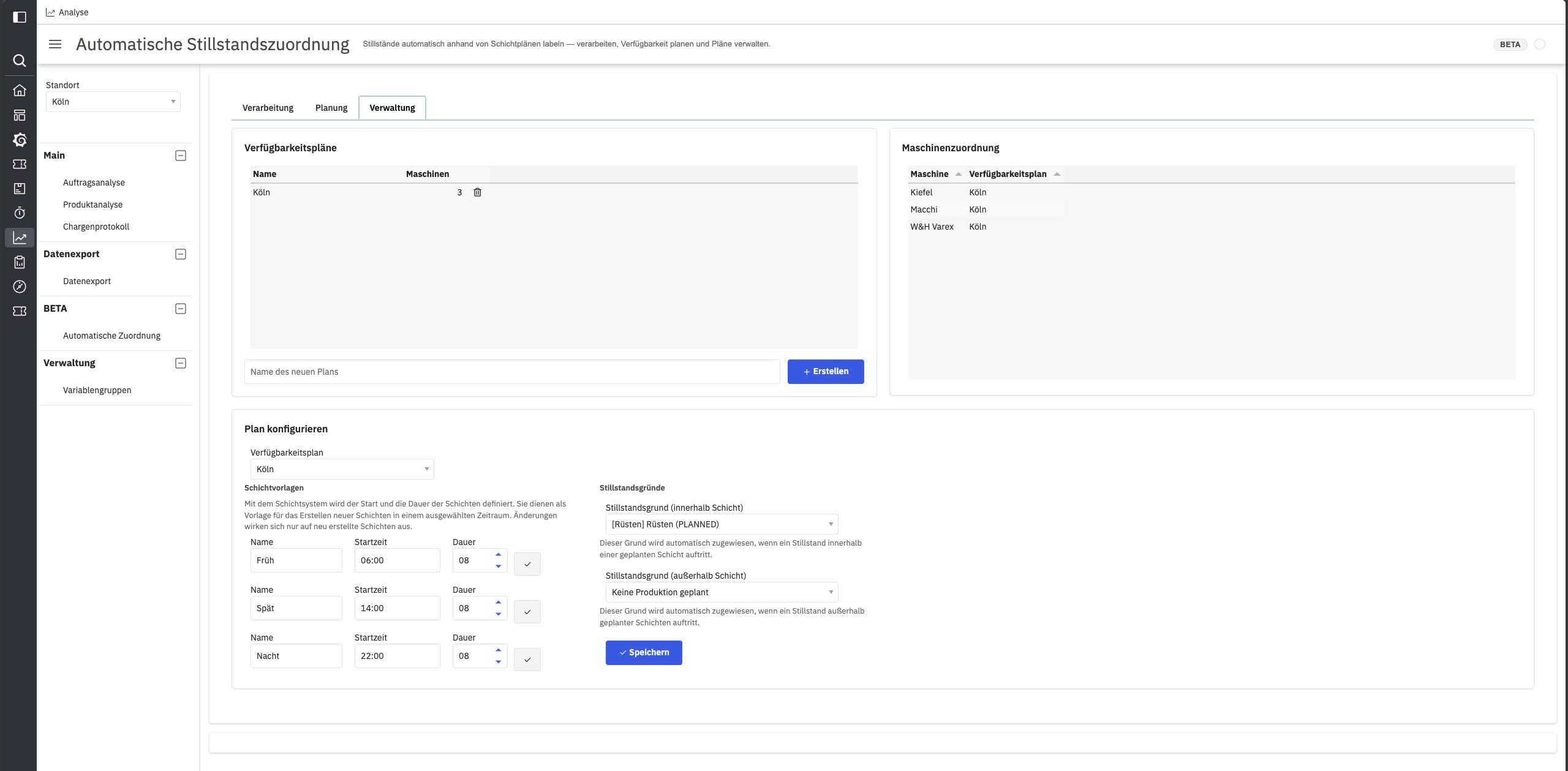 Tab Verwaltung mit Zuordnungsregeln je Maschine
