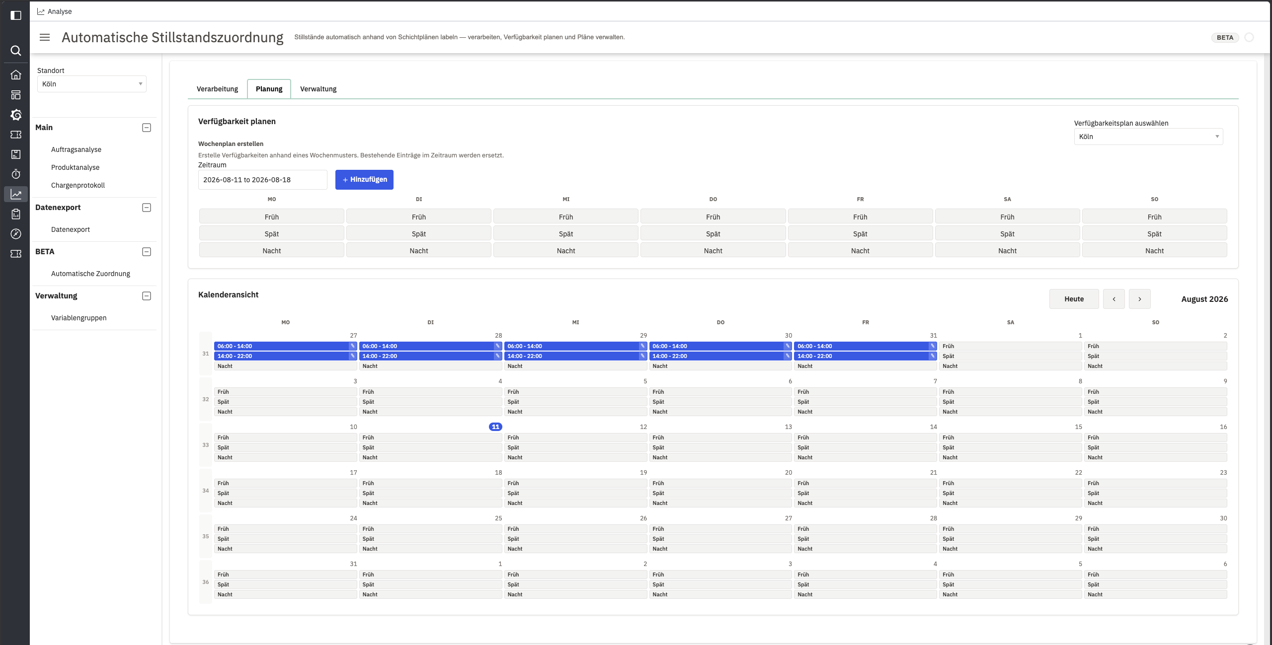 Tab Planung mit Schichtvorlagen und Schichtkalender