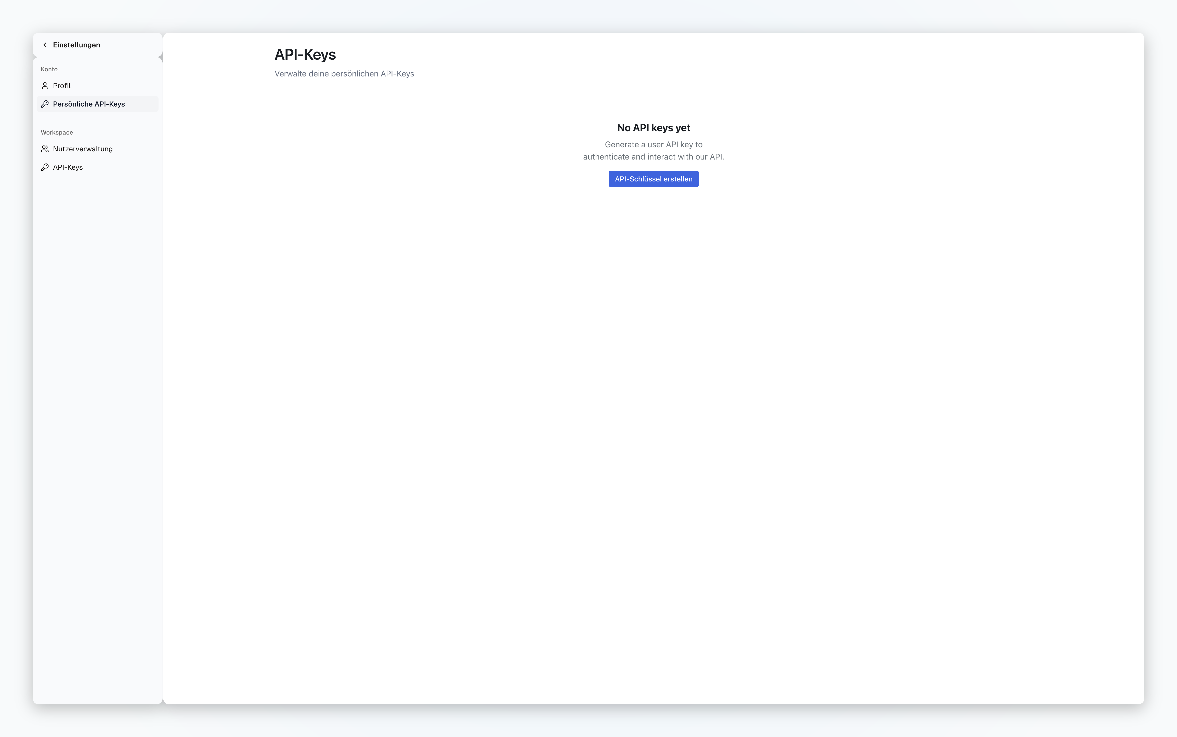 Leere Übersicht der Persönlichen API-Keys