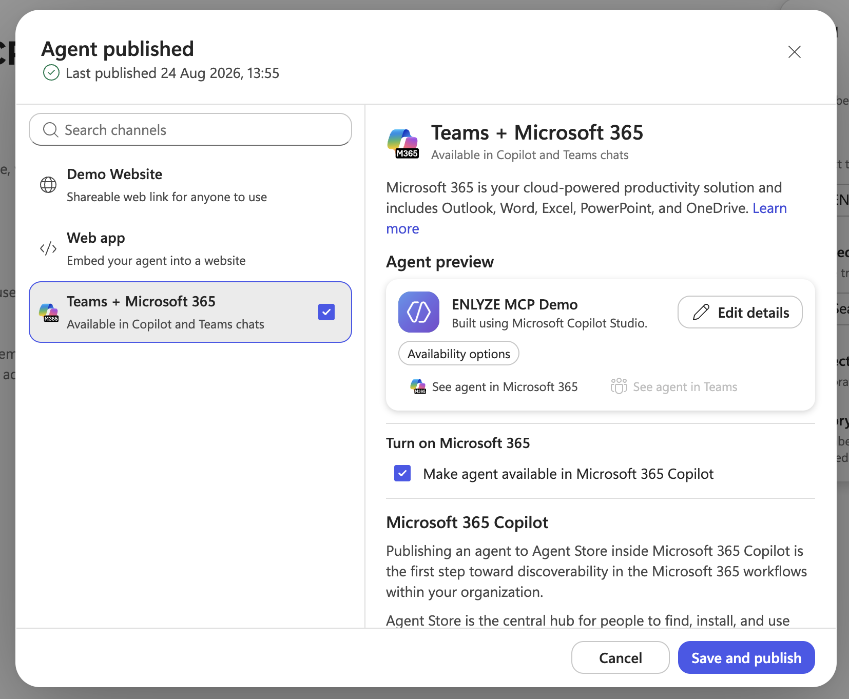 Veröffentlichungsdetails mit dem Kanal Teams + Microsoft 365 und der Option Make agent available in Microsoft 365 Copilot